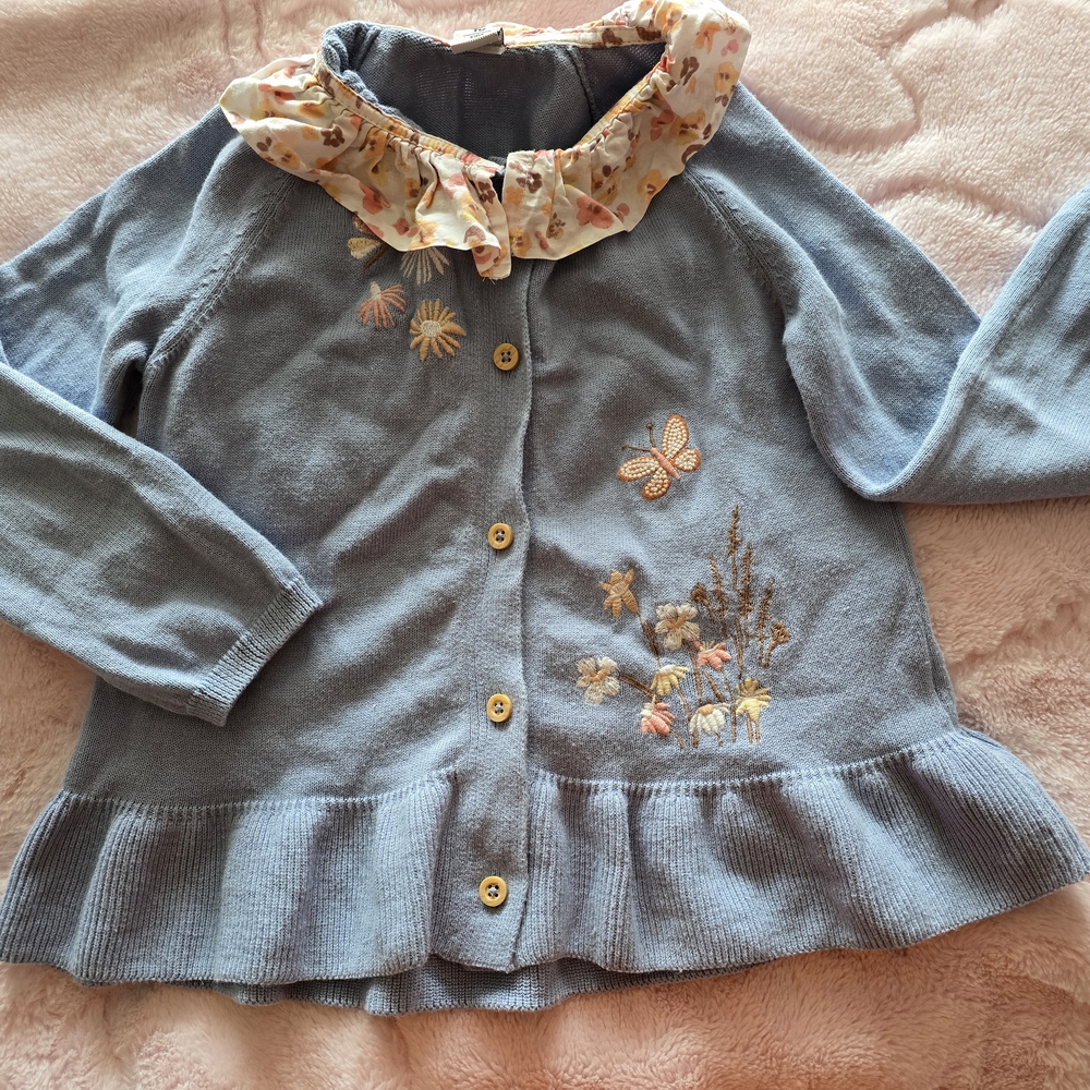 Floral Embroidered Kids Cardigan - Blue